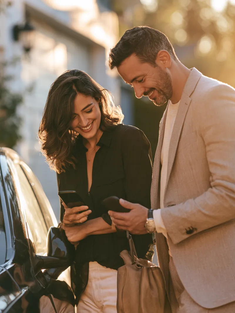 Couple reviewing auto repair loan financing options beside their car