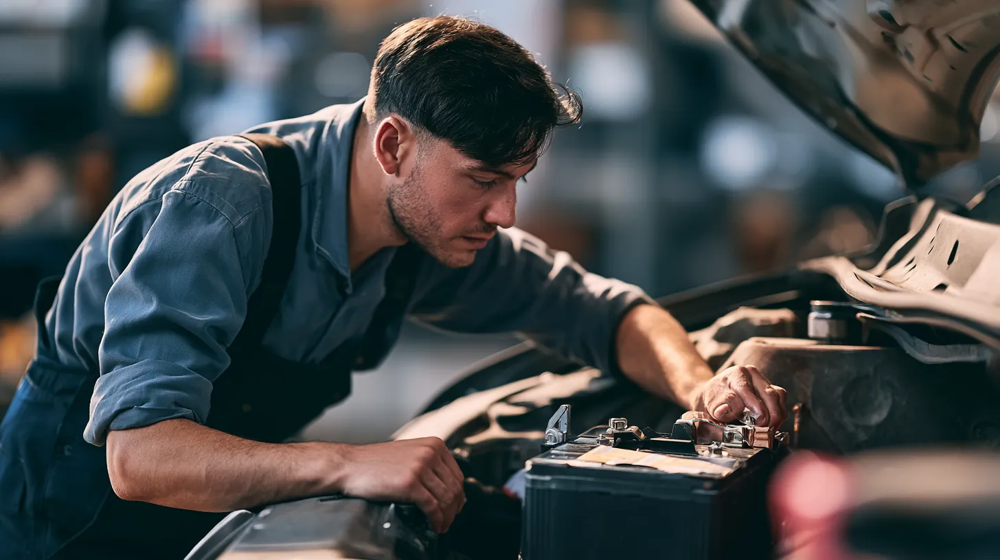 Mechanic installing a new car battery
