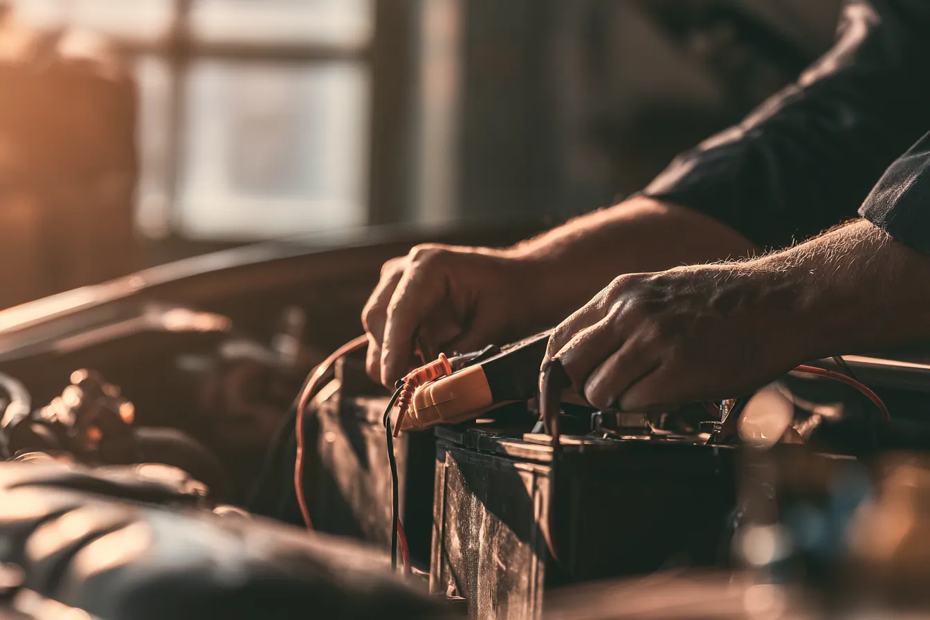 Multimeter testing a car battery for warning signs