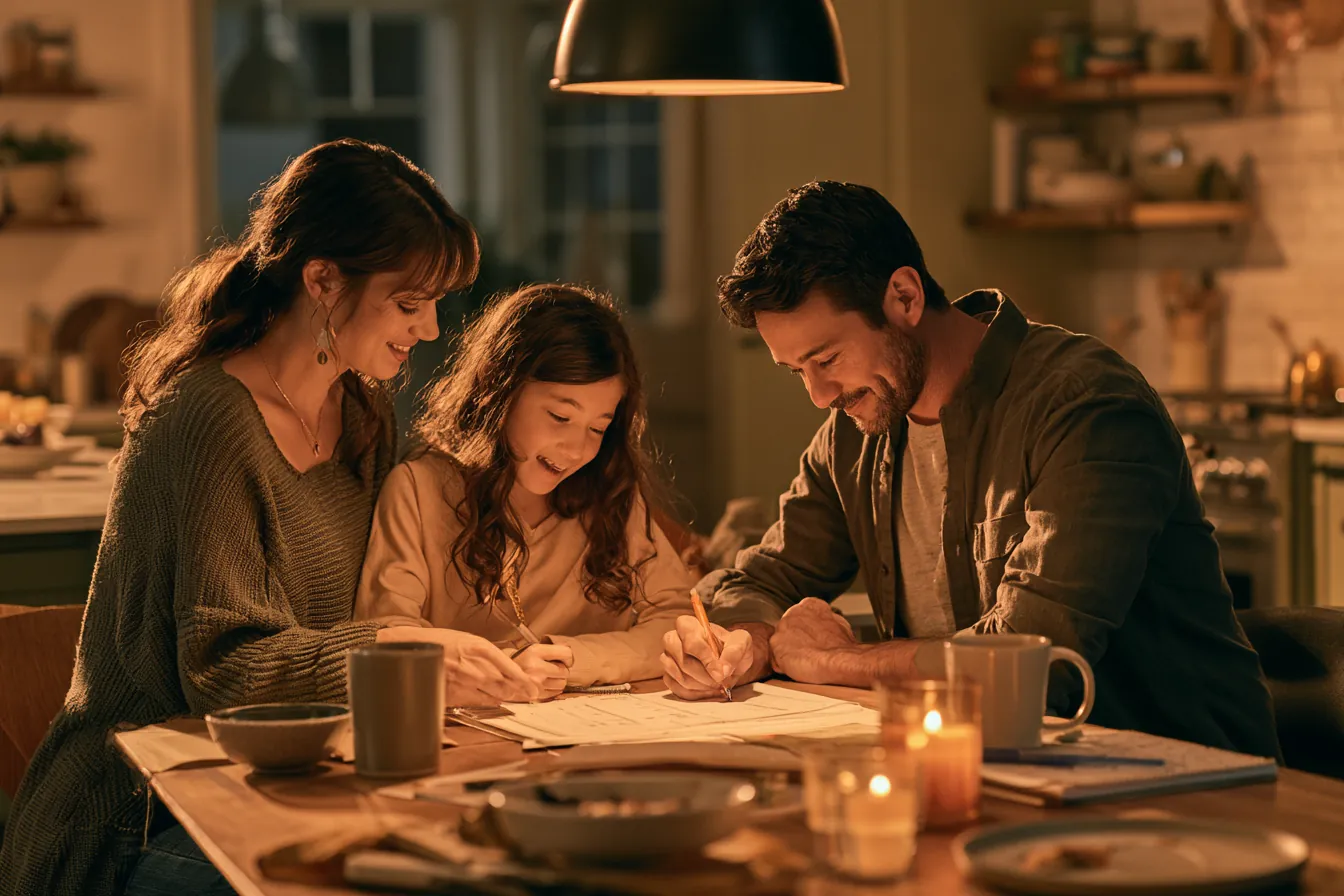 Family budgeting at a kitchen table for future car repairs
