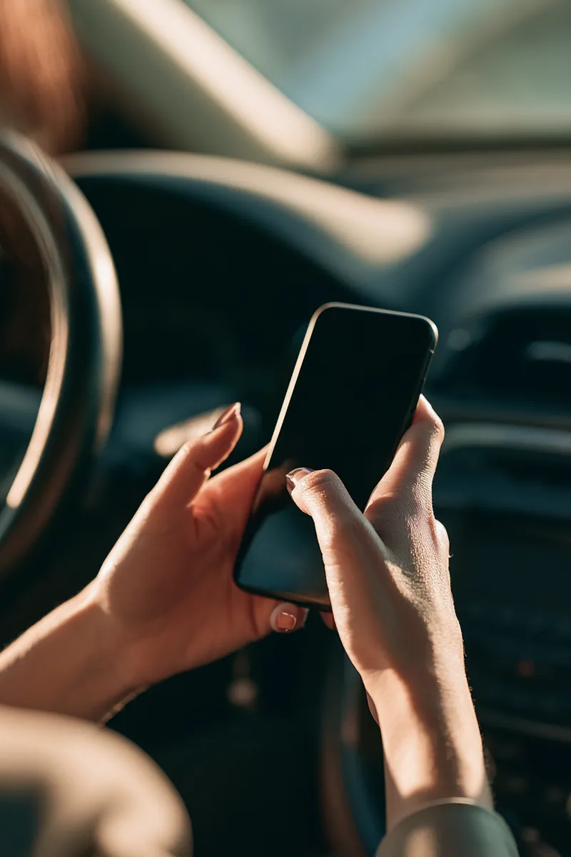 Hands dialing a phone for roadside assistance during a car emergency