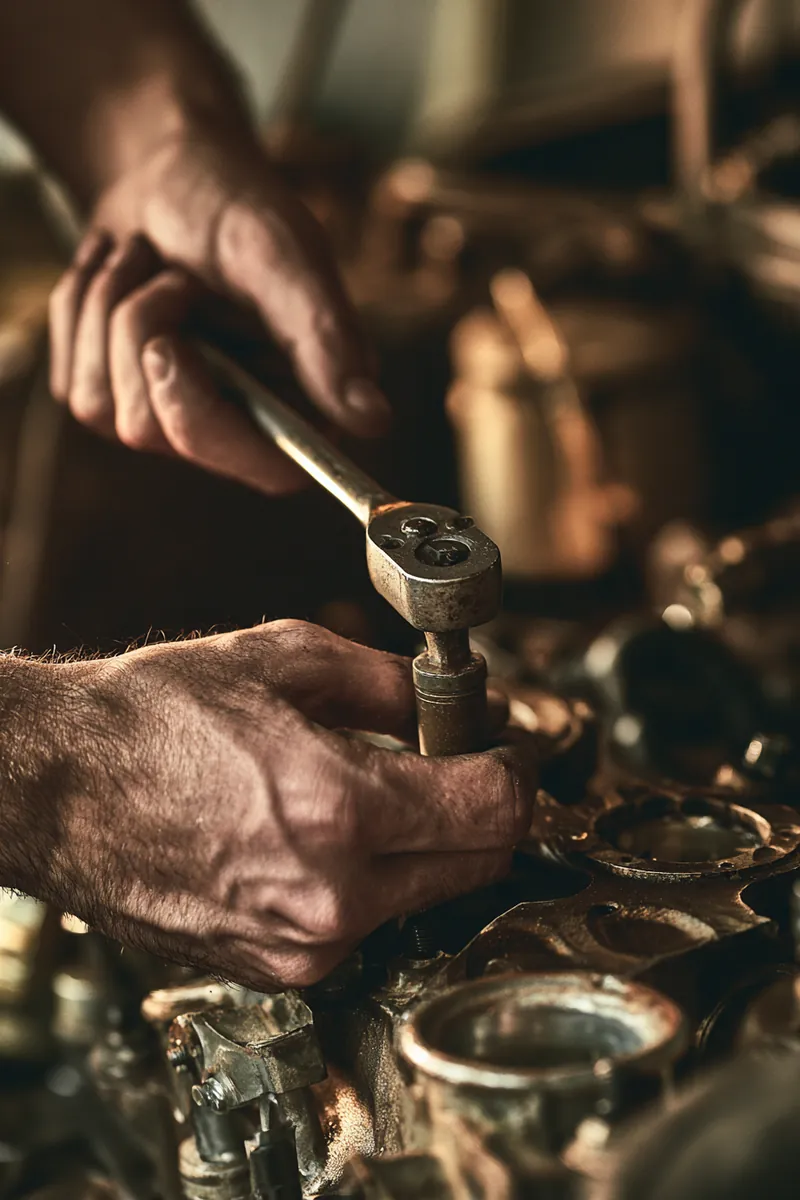 Hands using a torque wrench during an engine repair