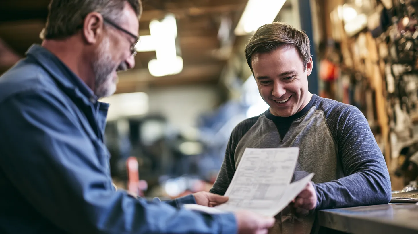 Shop owner and customer reviewing a major engine work estimate