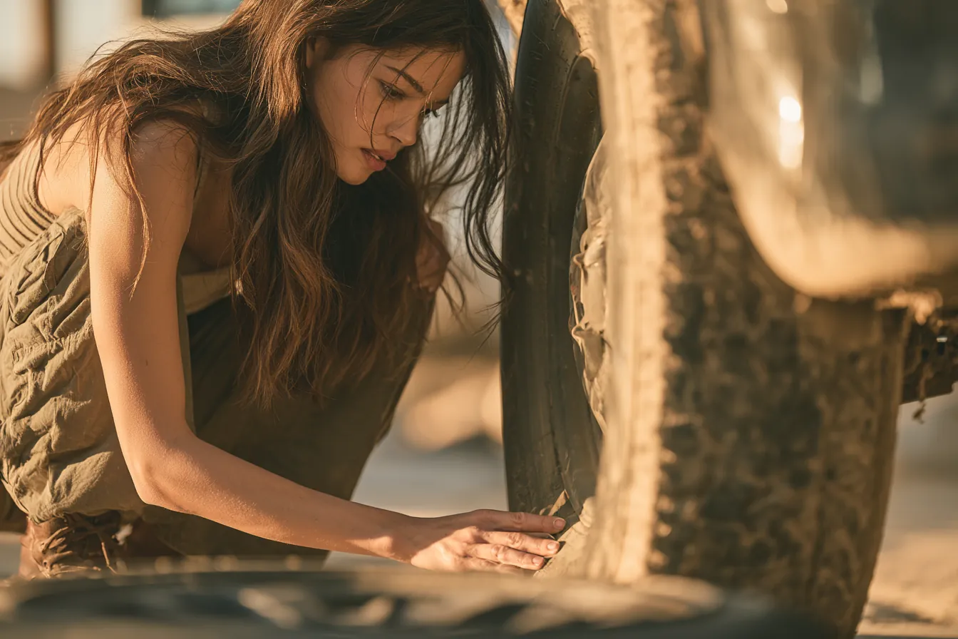 Driver examining worn tire tread before financing new tires