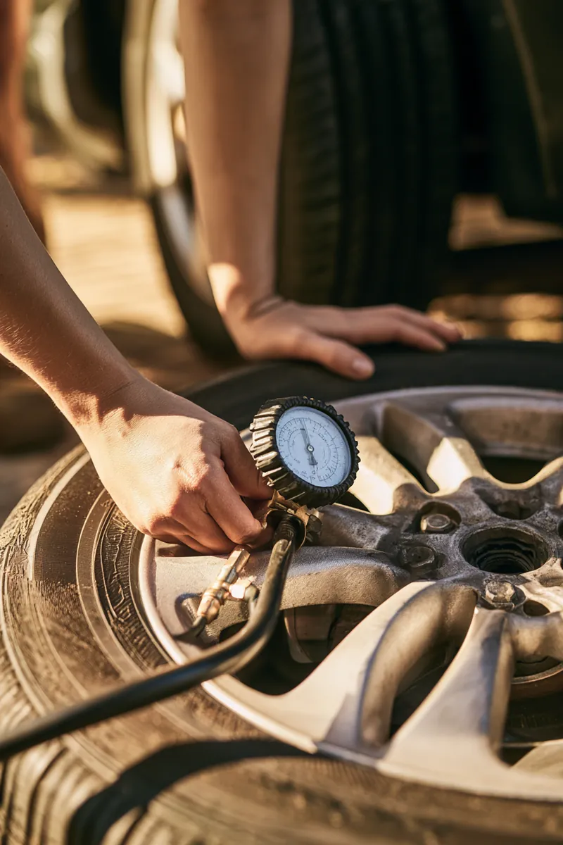 Checking tire pressure with a gauge after new tire installation