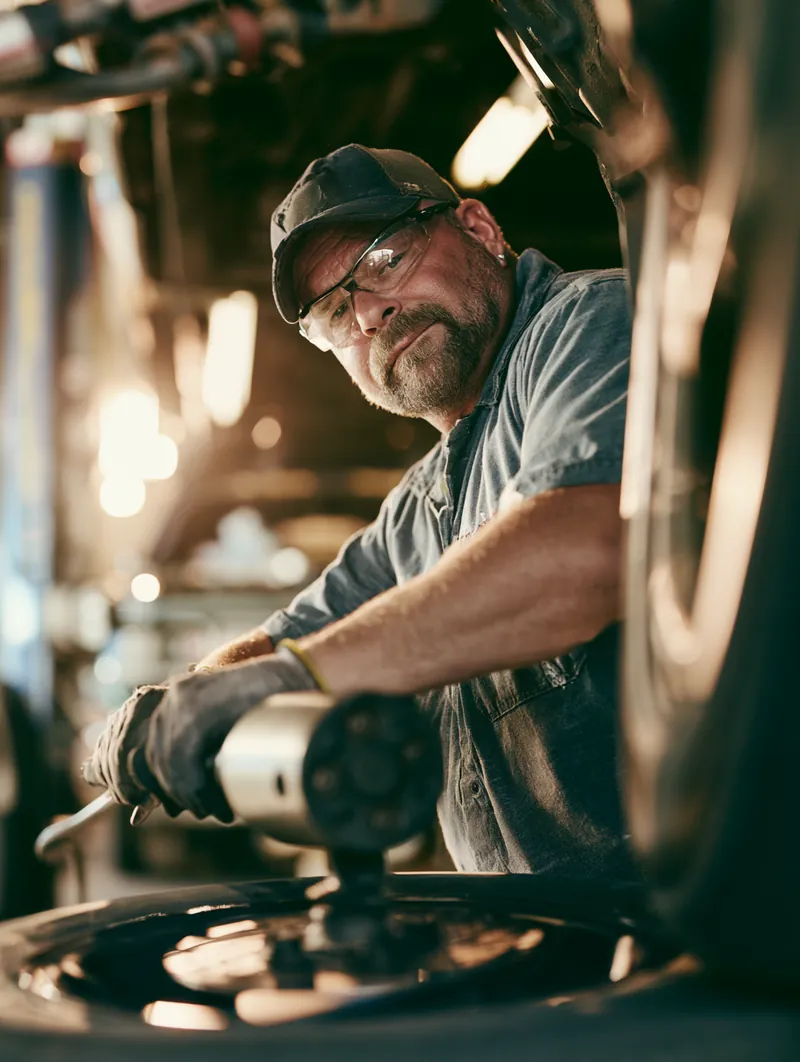 Technician removing a worn tire with a pneumatic wrench