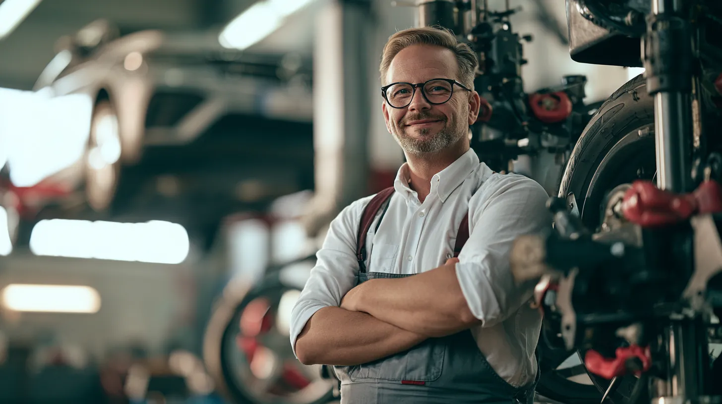 Technician operating a wheel alignment machine